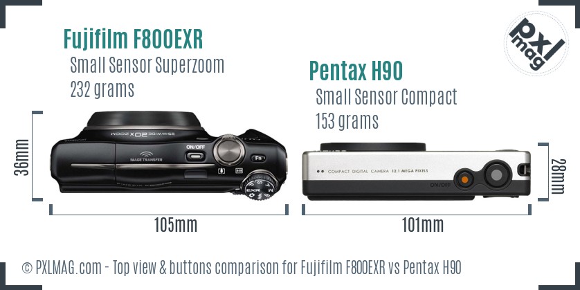 Fujifilm F800EXR vs Pentax H90 top view buttons comparison