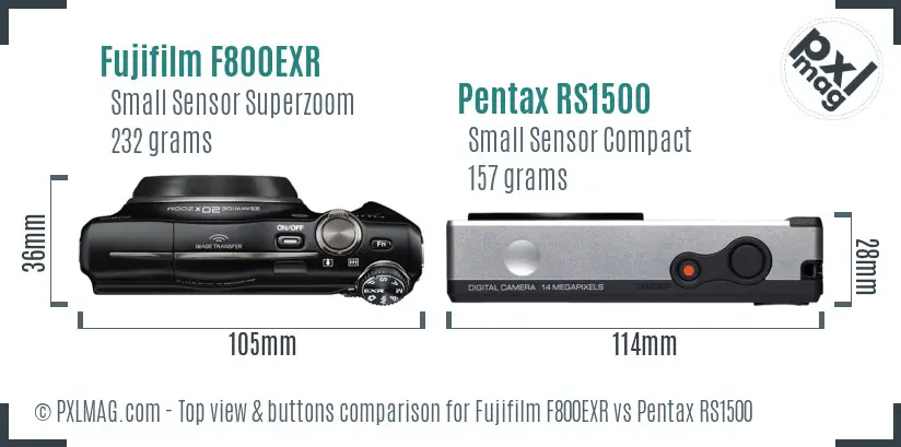 Fujifilm F800EXR vs Pentax RS1500 top view buttons comparison