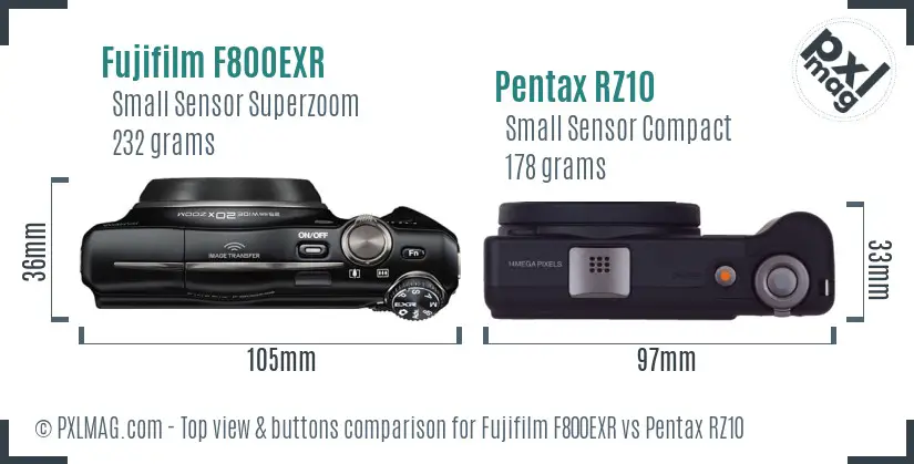 Fujifilm F800EXR vs Pentax RZ10 top view buttons comparison