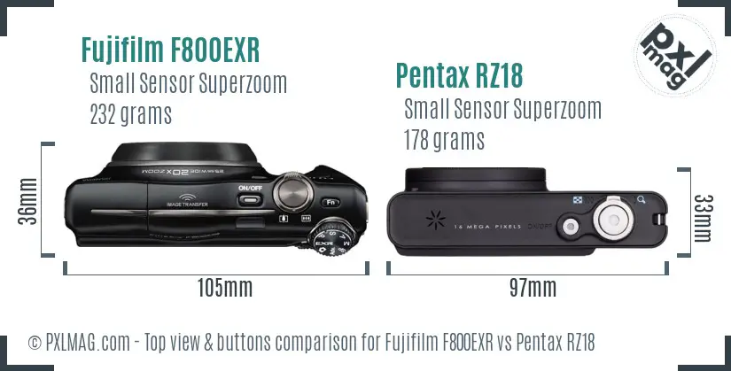 Fujifilm F800EXR vs Pentax RZ18 top view buttons comparison