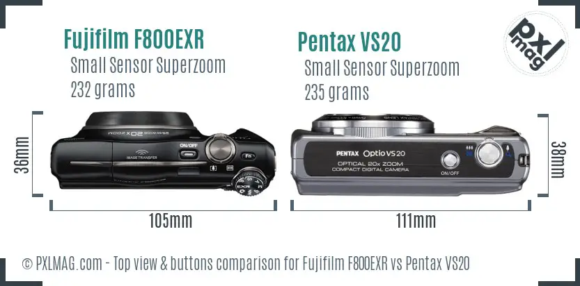 Fujifilm F800EXR vs Pentax VS20 top view buttons comparison