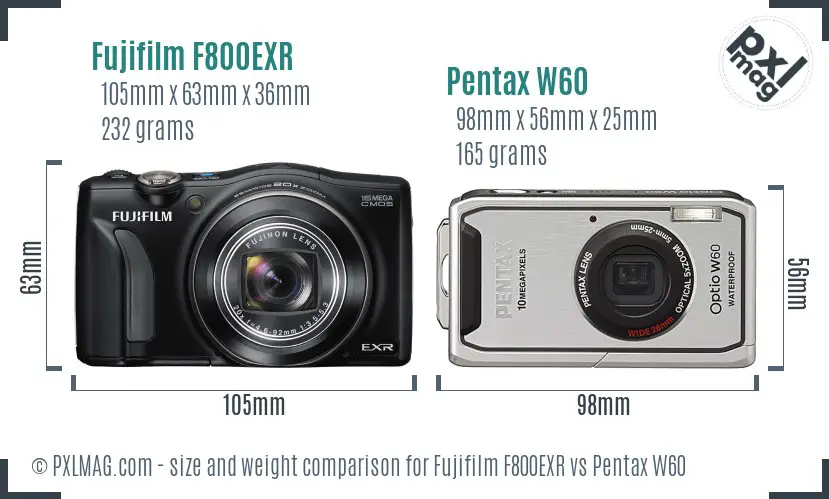Fujifilm F800EXR vs Pentax W60 size comparison