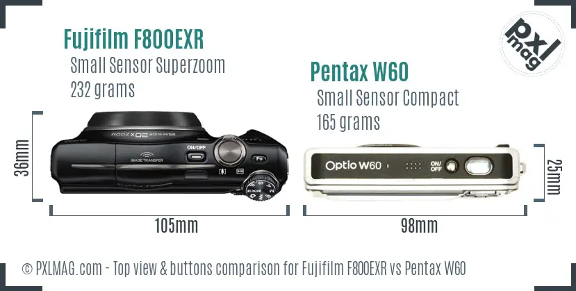 Fujifilm F800EXR vs Pentax W60 top view buttons comparison