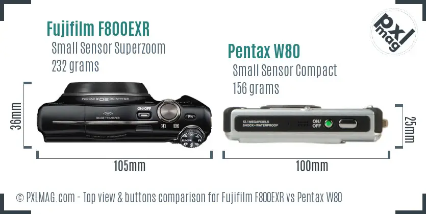 Fujifilm F800EXR vs Pentax W80 top view buttons comparison