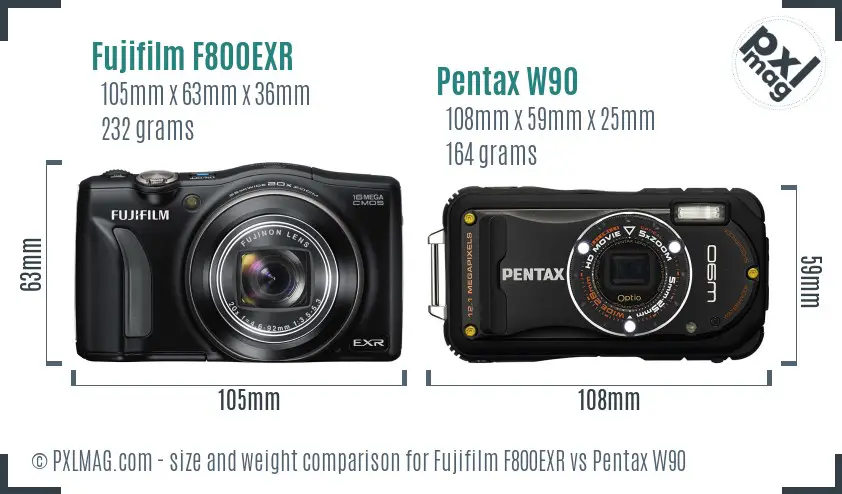 Fujifilm F800EXR vs Pentax W90 size comparison