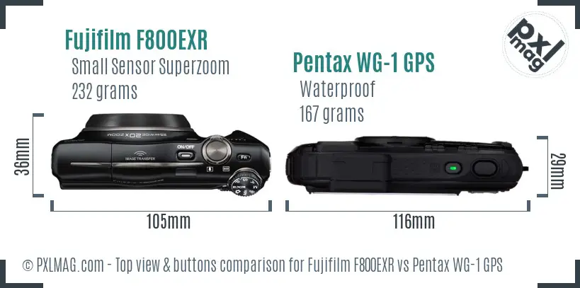 Fujifilm F800EXR vs Pentax WG-1 GPS top view buttons comparison