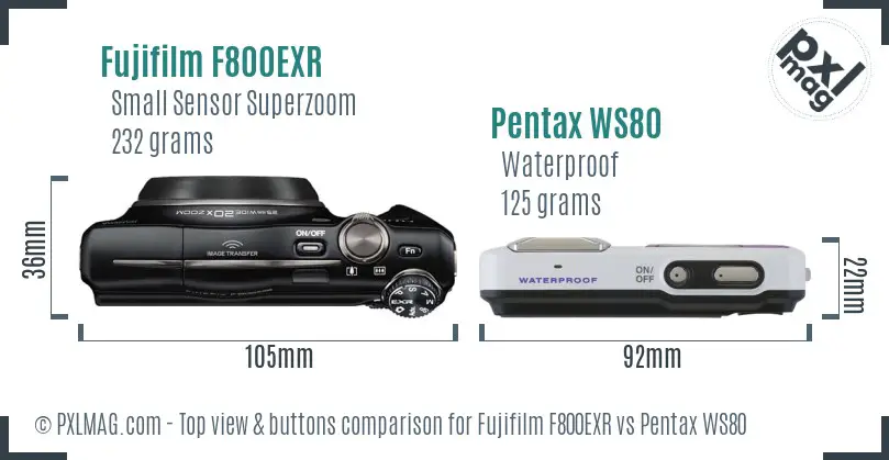 Fujifilm F800EXR vs Pentax WS80 top view buttons comparison