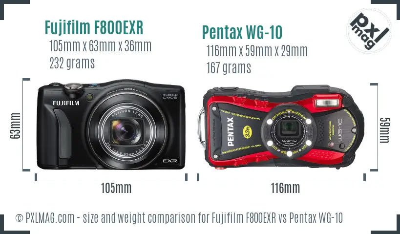 Fujifilm F800EXR vs Pentax WG-10 size comparison