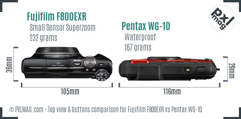Fujifilm F800EXR vs Pentax WG-10 top view buttons comparison