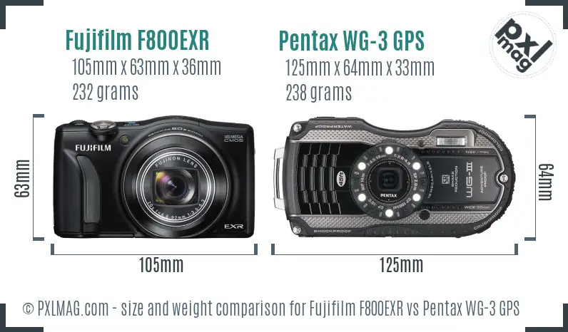 Fujifilm F800EXR vs Pentax WG-3 GPS size comparison