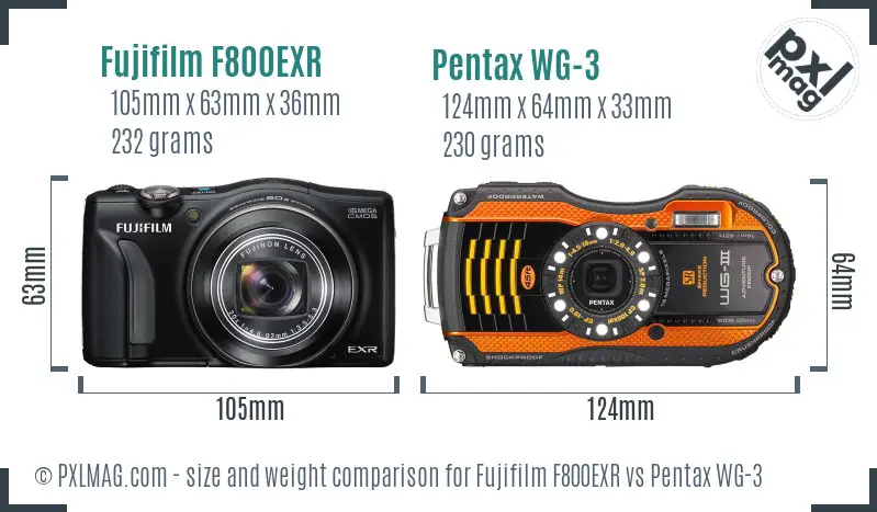 Fujifilm F800EXR vs Pentax WG-3 size comparison