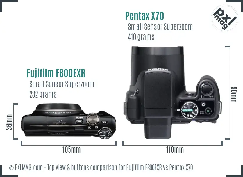 Fujifilm F800EXR vs Pentax X70 top view buttons comparison
