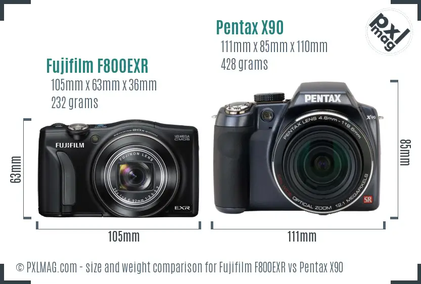 Fujifilm F800EXR vs Pentax X90 size comparison