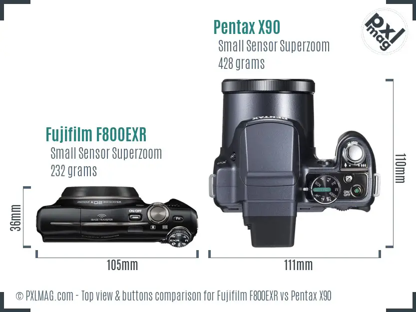 Fujifilm F800EXR vs Pentax X90 top view buttons comparison