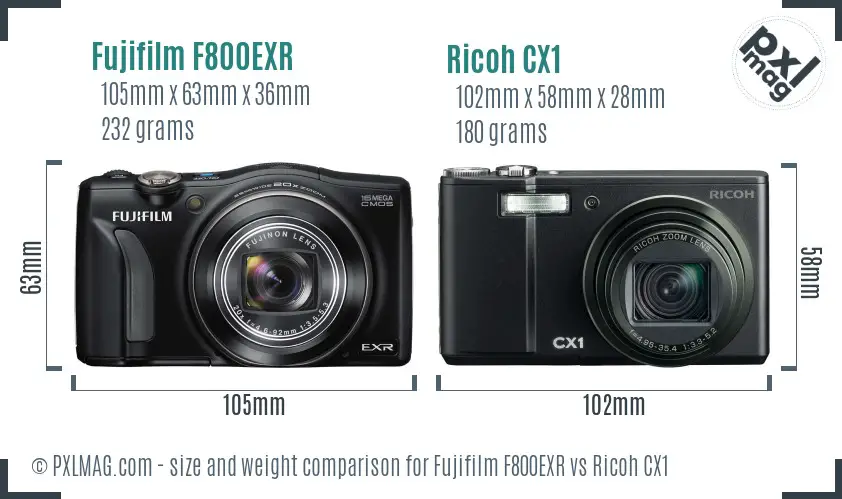 Fujifilm F800EXR vs Ricoh CX1 size comparison