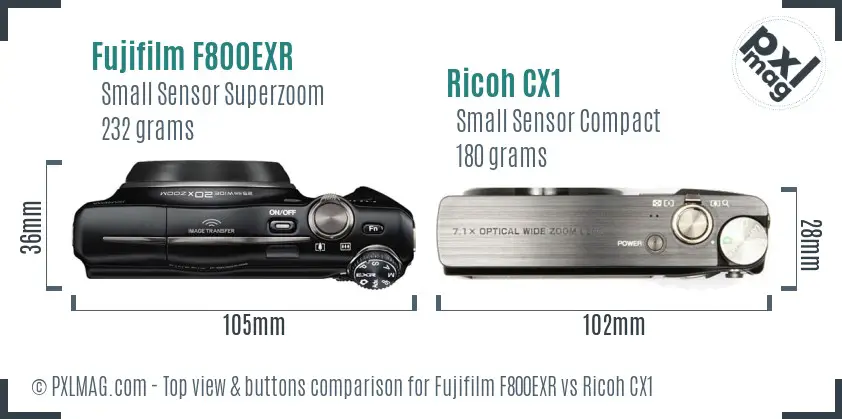 Fujifilm F800EXR vs Ricoh CX1 top view buttons comparison