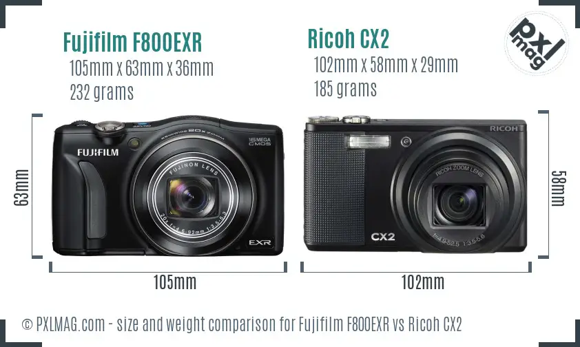 Fujifilm F800EXR vs Ricoh CX2 size comparison