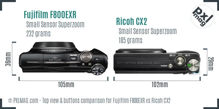 Fujifilm F800EXR vs Ricoh CX2 top view buttons comparison