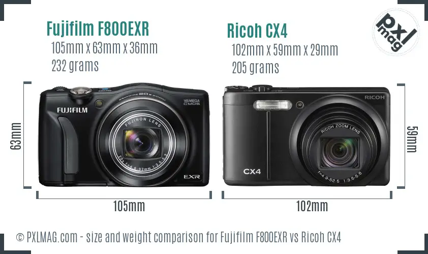 Fujifilm F800EXR vs Ricoh CX4 size comparison