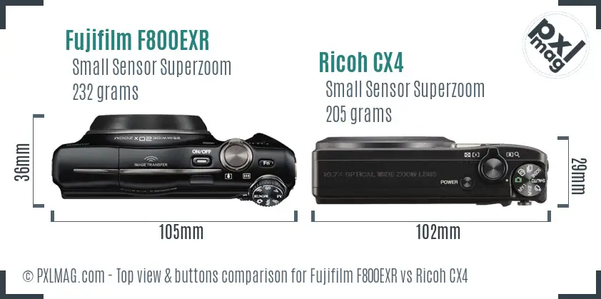 Fujifilm F800EXR vs Ricoh CX4 top view buttons comparison