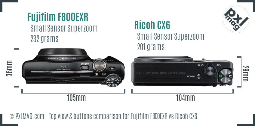 Fujifilm F800EXR vs Ricoh CX6 top view buttons comparison
