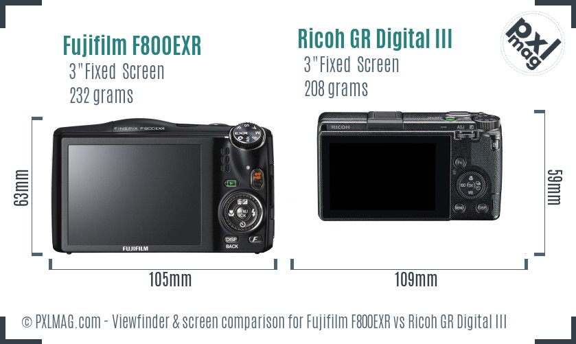 Fujifilm F800EXR vs Ricoh GR Digital III Screen and Viewfinder comparison
