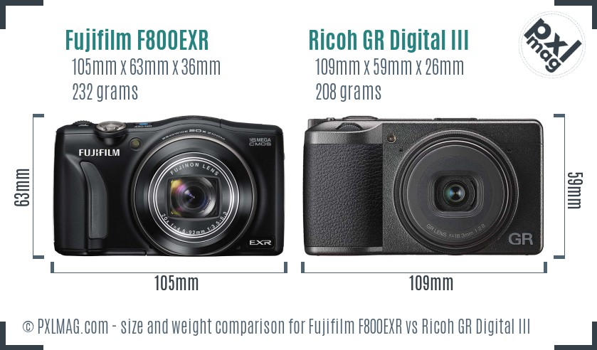Fujifilm F800EXR vs Ricoh GR Digital III size comparison