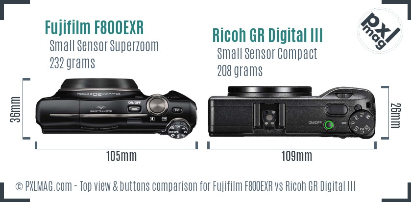 Fujifilm F800EXR vs Ricoh GR Digital III top view buttons comparison