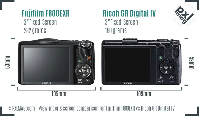Fujifilm F800EXR vs Ricoh GR Digital IV Screen and Viewfinder comparison