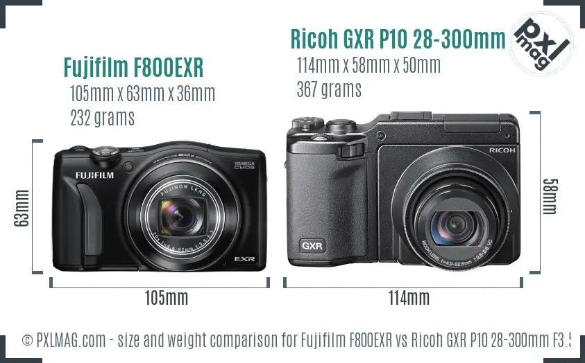 Fujifilm F800EXR vs Ricoh GXR P10 28-300mm F3.5-5.6 VC size comparison