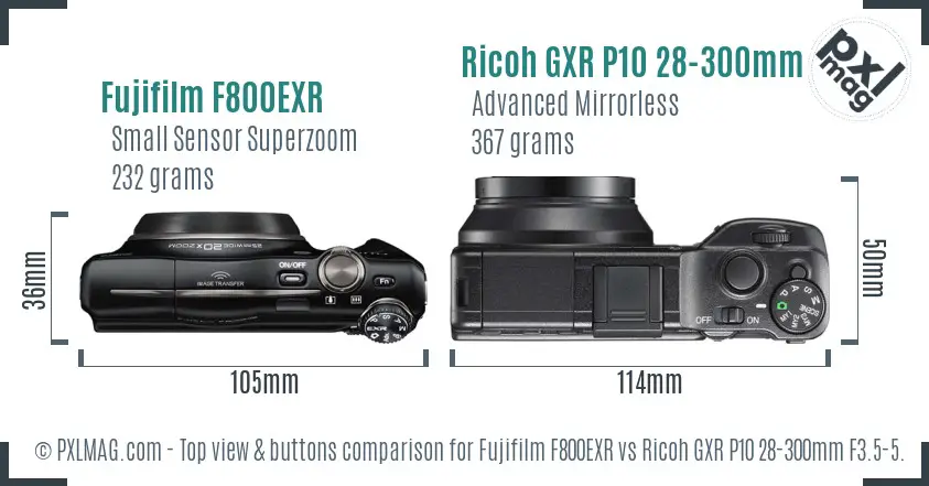 Fujifilm F800EXR vs Ricoh GXR P10 28-300mm F3.5-5.6 VC top view buttons comparison