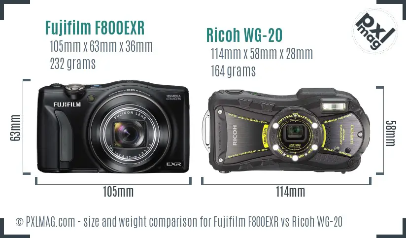 Fujifilm F800EXR vs Ricoh WG-20 size comparison
