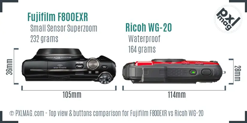 Fujifilm F800EXR vs Ricoh WG-20 top view buttons comparison