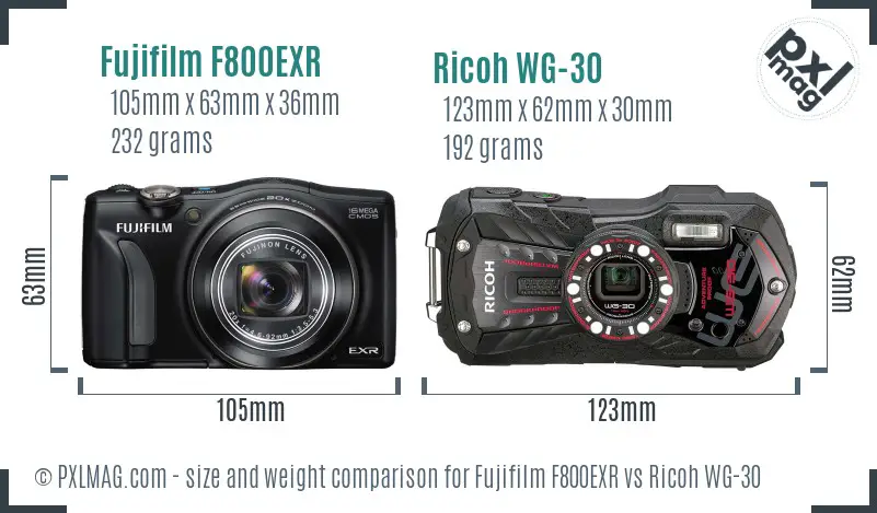 Fujifilm F800EXR vs Ricoh WG-30 size comparison