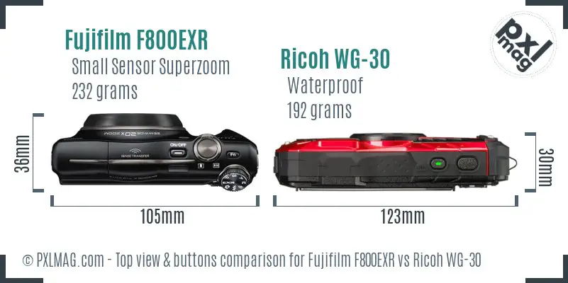 Fujifilm F800EXR vs Ricoh WG-30 top view buttons comparison