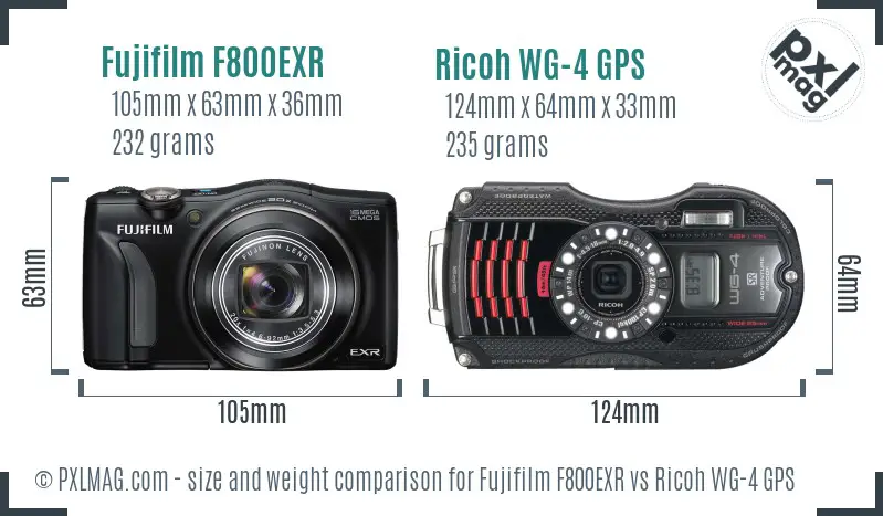 Fujifilm F800EXR vs Ricoh WG-4 GPS size comparison
