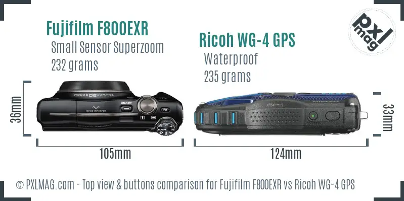 Fujifilm F800EXR vs Ricoh WG-4 GPS top view buttons comparison