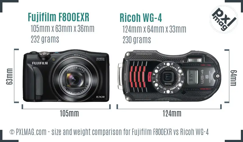 Fujifilm F800EXR vs Ricoh WG-4 size comparison