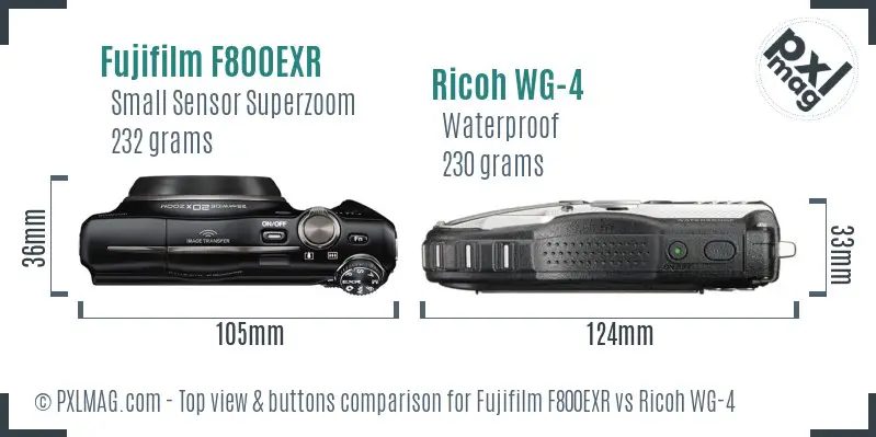 Fujifilm F800EXR vs Ricoh WG-4 top view buttons comparison