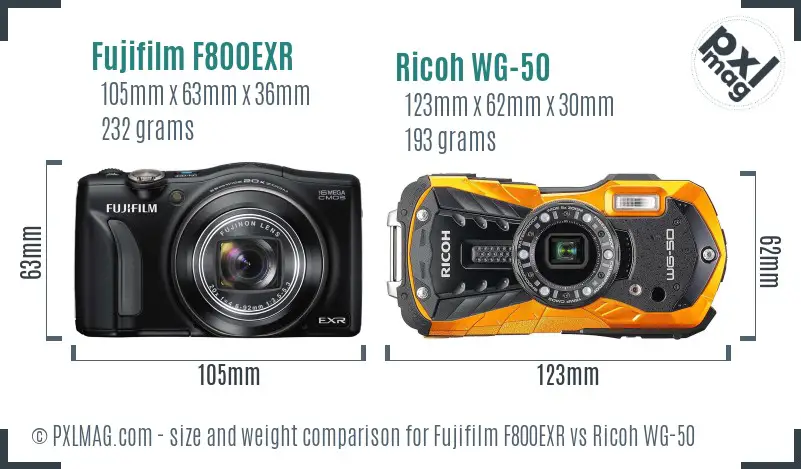 Fujifilm F800EXR vs Ricoh WG-50 size comparison
