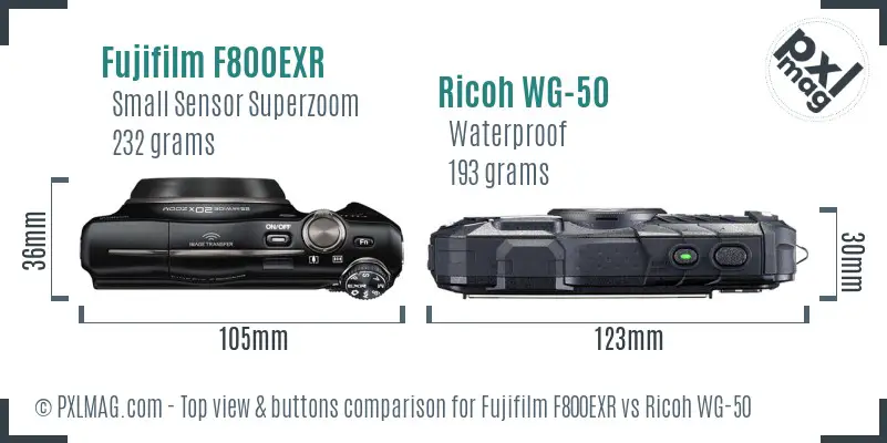 Fujifilm F800EXR vs Ricoh WG-50 top view buttons comparison