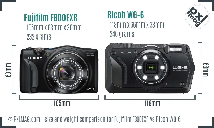 Fujifilm F800EXR vs Ricoh WG-6 size comparison