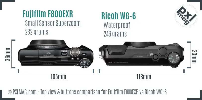 Fujifilm F800EXR vs Ricoh WG-6 top view buttons comparison