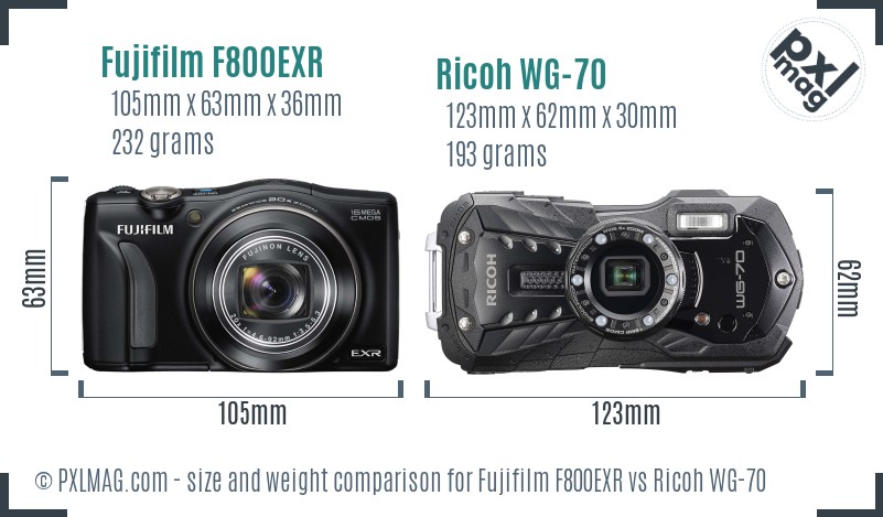 Fujifilm F800EXR vs Ricoh WG-70 size comparison