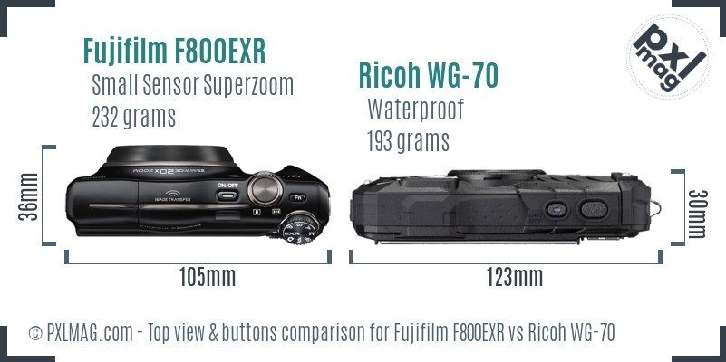 Fujifilm F800EXR vs Ricoh WG-70 top view buttons comparison