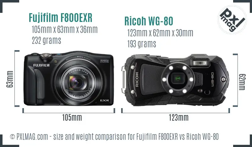 Fujifilm F800EXR vs Ricoh WG-80 size comparison