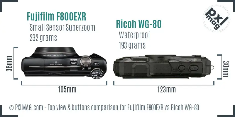 Fujifilm F800EXR vs Ricoh WG-80 top view buttons comparison