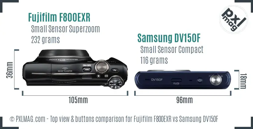 Fujifilm F800EXR vs Samsung DV150F top view buttons comparison