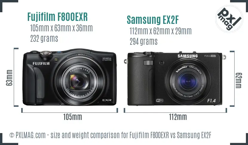 Fujifilm F800EXR vs Samsung EX2F size comparison