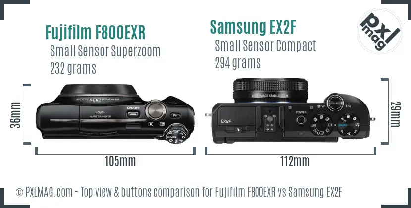 Fujifilm F800EXR vs Samsung EX2F top view buttons comparison